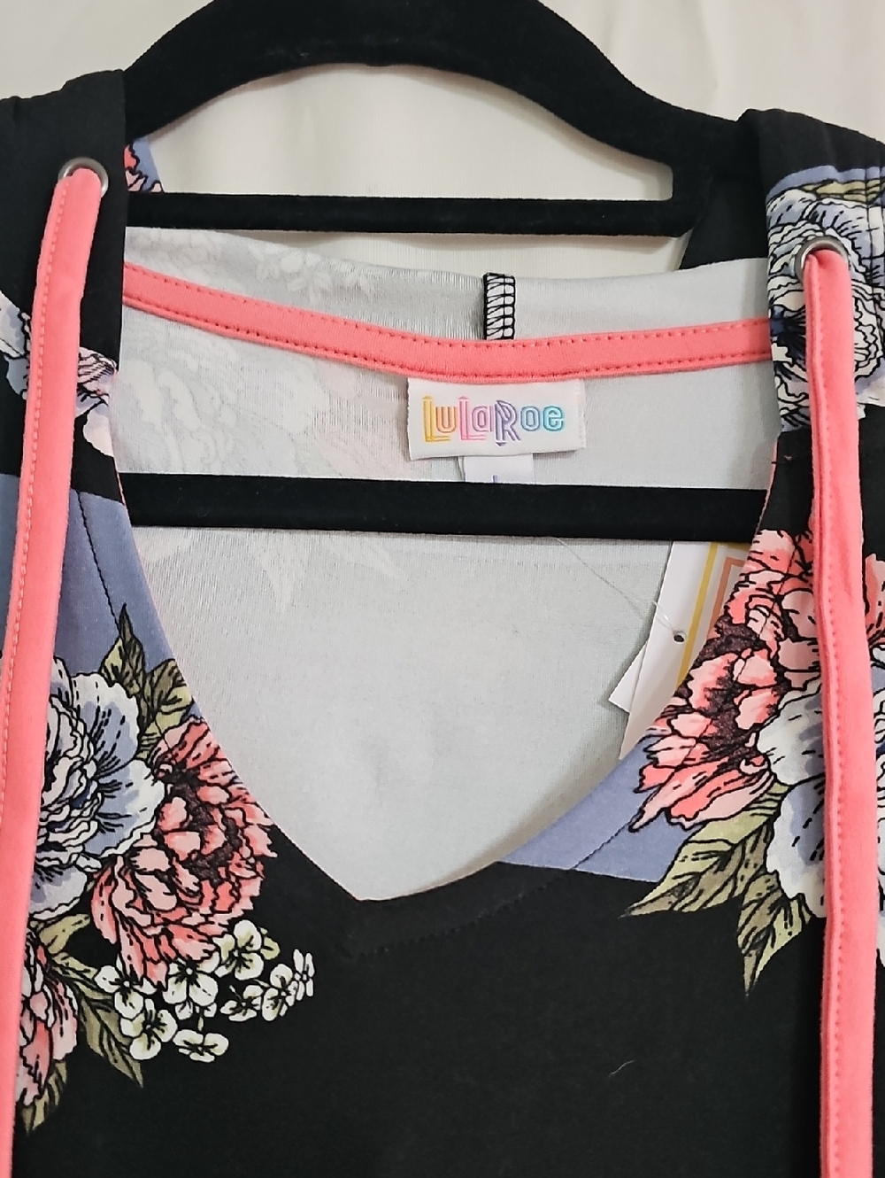 LuLaRoe Eliza Black Floral Hoodie with Pink Accents - Picture 2 of 8